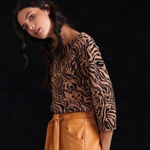 Anthropologie Maeve Boat Neck Sweater Size XS Tiger Stripe Animal Brown Black